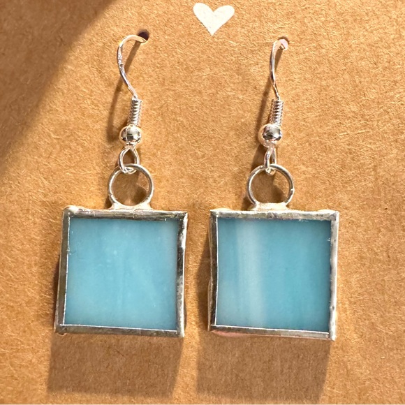 Handcrafted Light Blue Stained Glass Square Earrings - Picture 2 of 2
